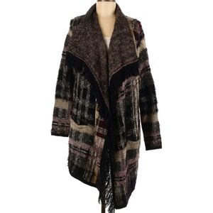 BCBGMAXAZRIA Plaid Cardigan Black Burgundy Brown Cream Sweater Fuzzy Cozy Sz M